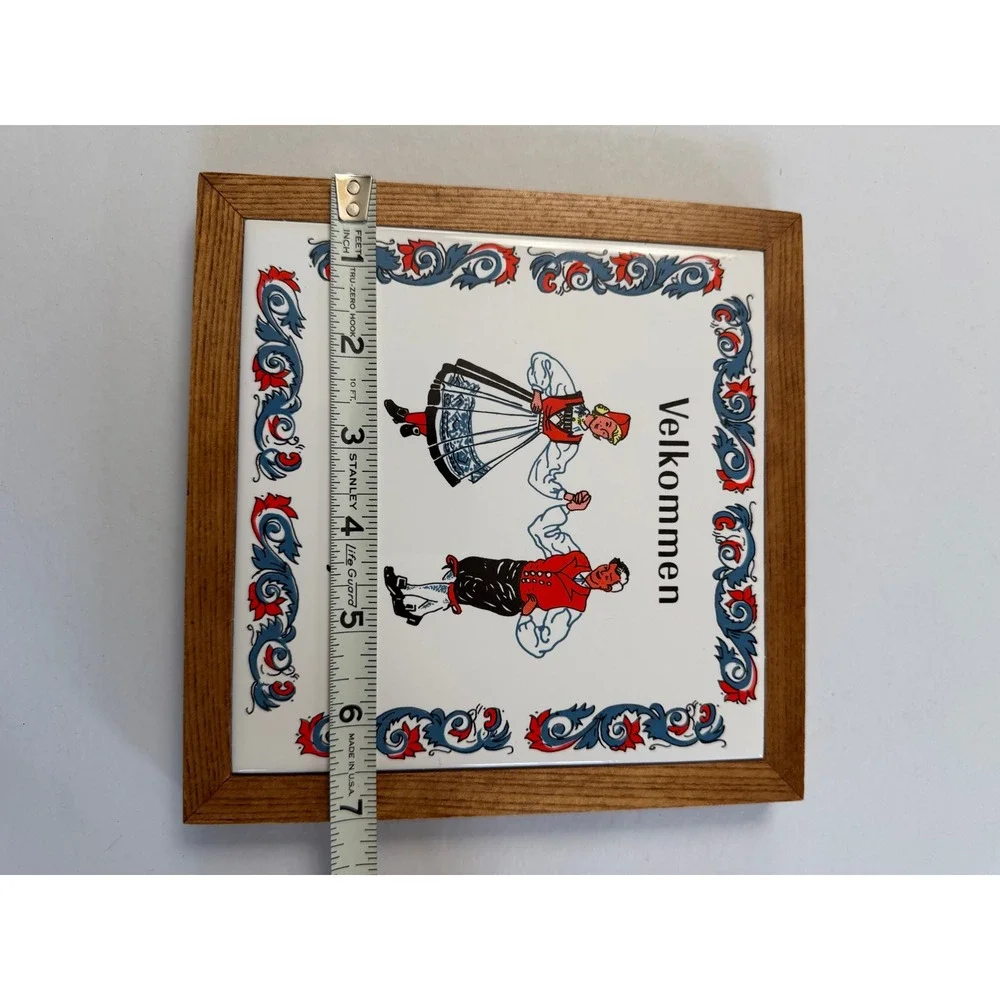 VTG  Norwegian Welcome Tile Wall Plaque Trivet  7x7 White Blue Red Folk Art